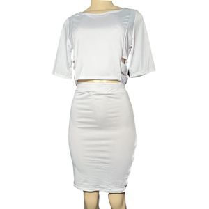 Cleo 2 piece crop top skirt top set white cut out skirt & 3/4 sleeve cut out top